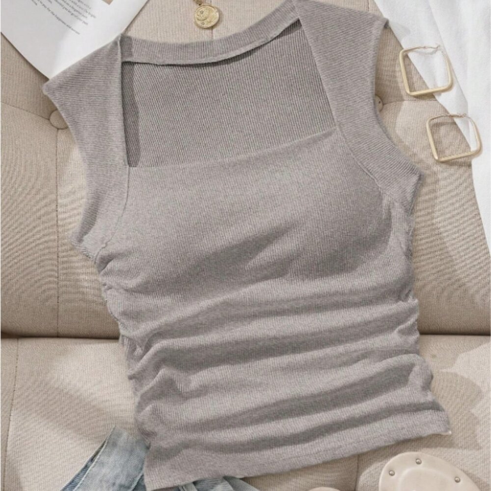 🧡Light Gray Ribbed Square Neck Tank Top | Size S | Ruched Stretch Slim Fit Crop